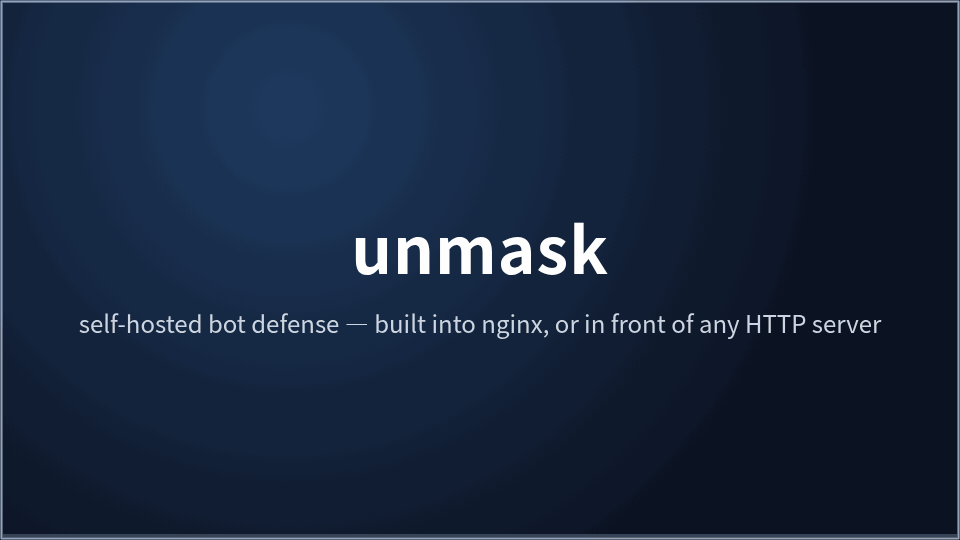 unmask in a minute: a first visit clears a short proof-of-work on a page carrying the site's own logo; a scraper gets the challenge instead of the page; Googlebot, Bingbot, GPTBot and ClaudeBot pass by their published IP ranges; one click denies AI training crawlers while AI search fetches still pass; the dashboard and the log show every challenged request and why